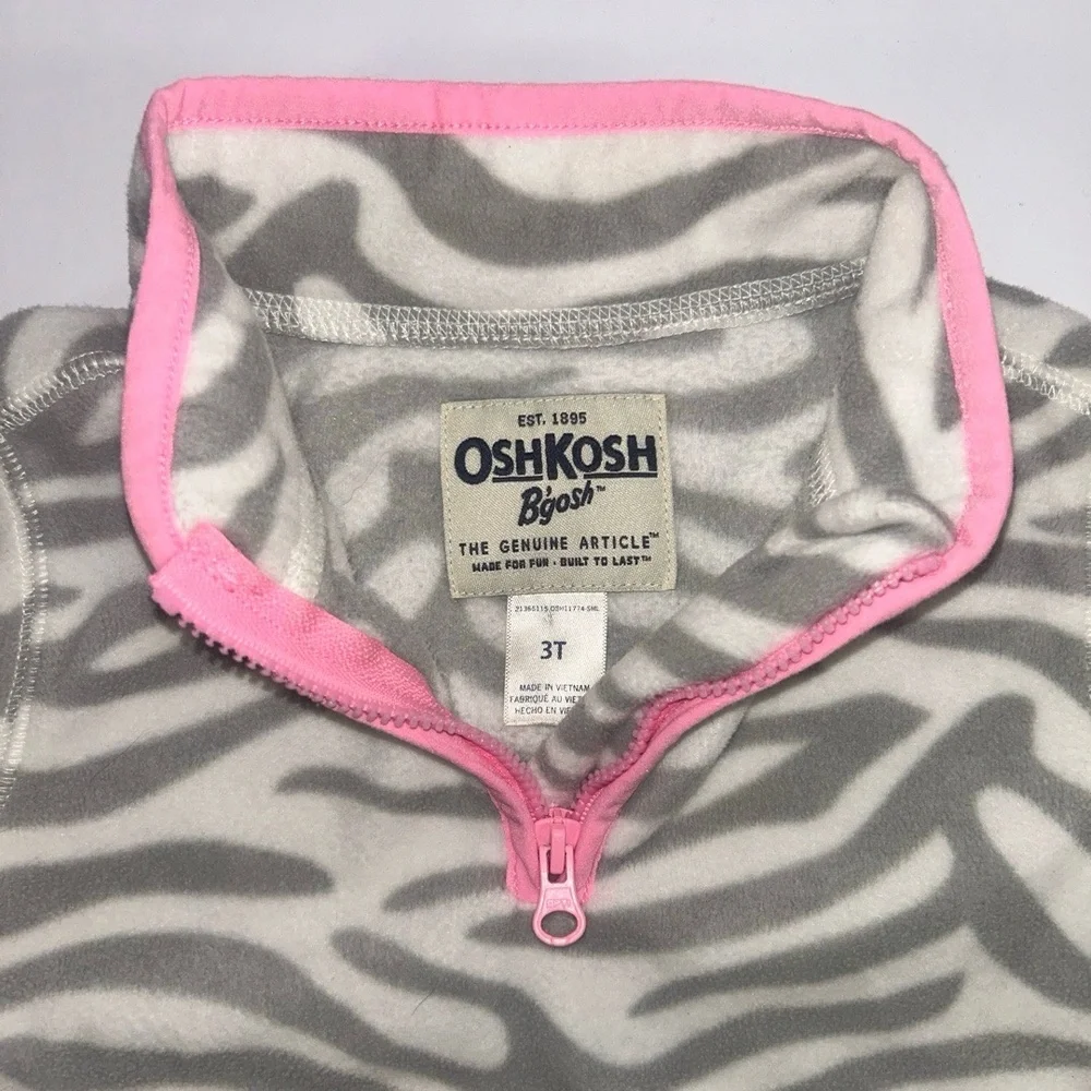 OSHKOSH B'gosh Kids 3T Gray White Pink Zebra Quarter-Zip Fleece‎ Top Cozy